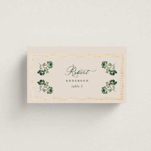 This is a emerald wedding place cards with foil pressed by Claudia Orengo called tuileries printing on signature in placecard