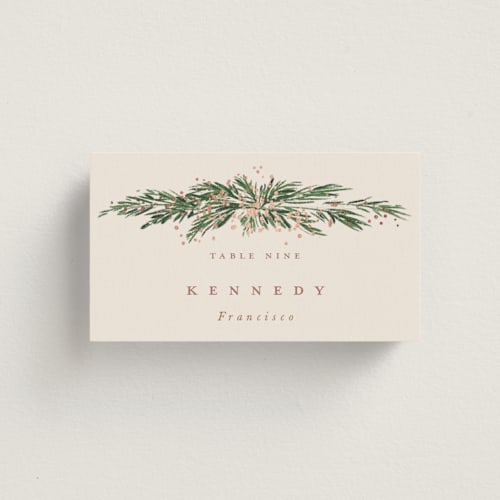 This is a latte wedding place cards with foil pressed by Leah Bisch called winter garland printing on signature in placecard