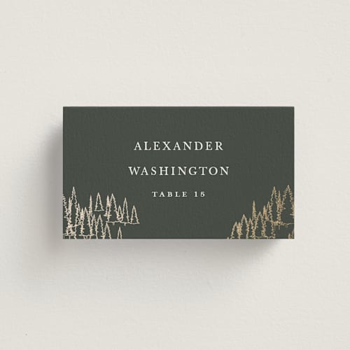 This is a hunter wedding place cards with foil pressed by Sarah Brown called peaks printing on signature in placecard