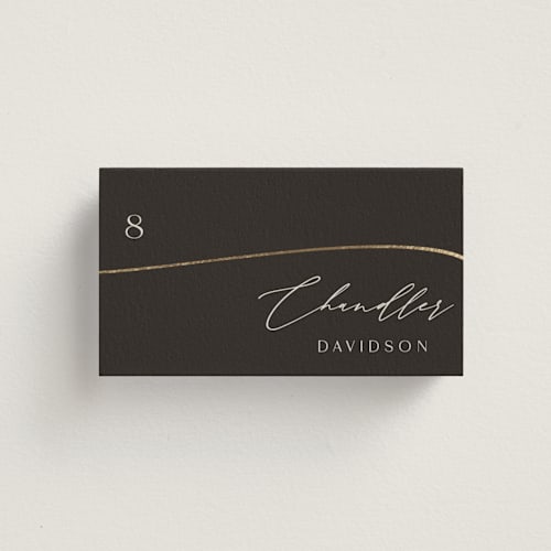 This is a smoke wedding place cards with foil pressed by Olivia Raufman called gathering printing on signature in placecard