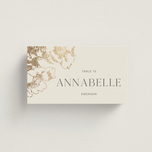 This is a hope floats wedding place cards with foil pressed by Design Lotus called mon amour printing on signature in placecard