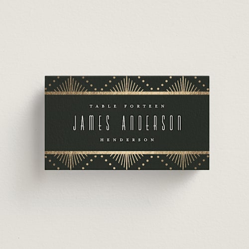 This is a onyx wedding place cards with foil pressed by Ana de Sousa called deco pattern printing on signature in placecard