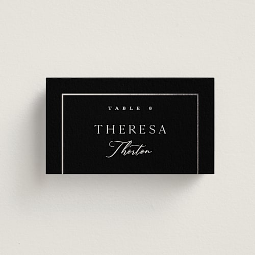 This is a noir wedding place cards with foil pressed by Stacey Meacham called elegant station printing on signature in placecard