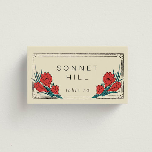 This is a birch wedding place cards with foil pressed by Shiny Penny Studio called deco spring florals printing on signature in placecard