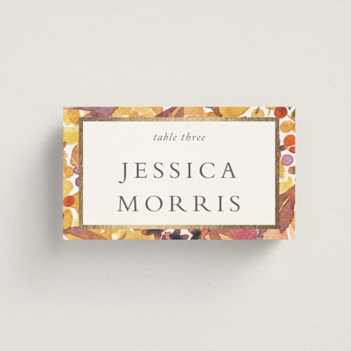 This is a amber wedding place cards with foil pressed by Alexandra Dzh called autumn flowers printing on signature in placecard