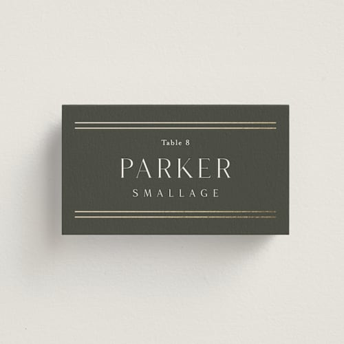 This is a olive wedding place cards with foil pressed by Stacey Meacham called perfect pair printing on signature in placecard