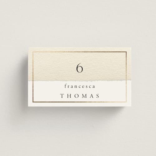 This is a sand wedding place cards with foil pressed by Janean Hinger called contemplate printing on signature in placecard