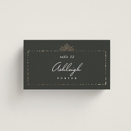 This is a midnight wedding place cards with foil pressed by Leah Bisch called fringe printing on signature in placecard
