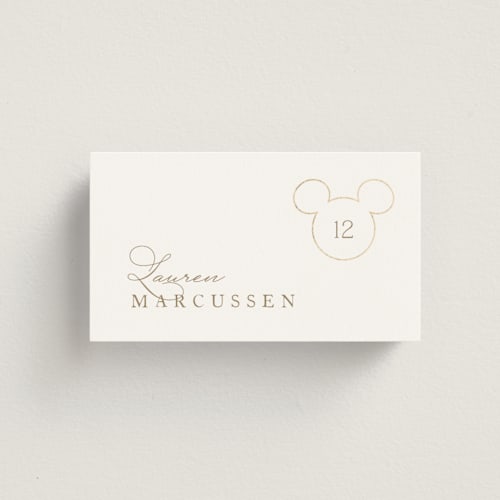 This is a celebration wedding place cards with foil pressed by Jennifer Postorino called disney's minimal mickey mouse printing on signature in placecard