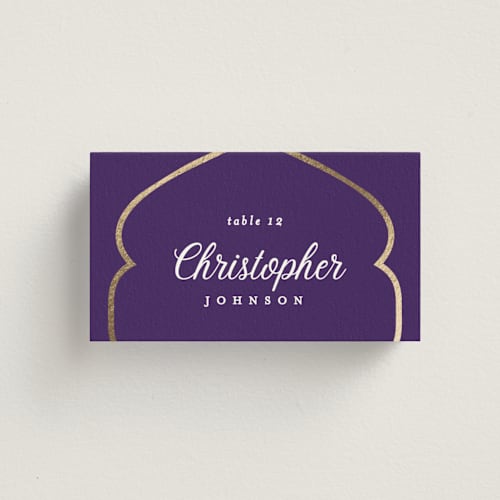 This is a aubergine wedding place cards with foil pressed by Creo Study called whole new world from disney's aladdin printing on signature in placecard