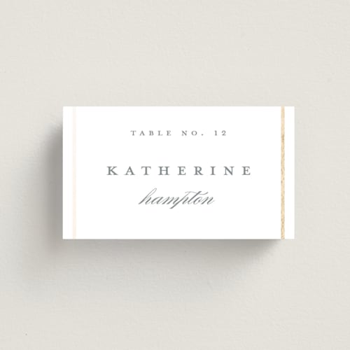 This is a slate wedding place cards with foil pressed by Stacey Meacham called refined style printing on signature in placecard