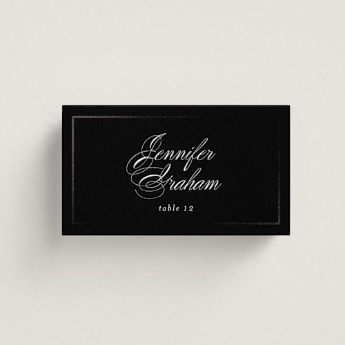 This is a ebony wedding place cards with foil pressed by Jessica Williams called bianca printing on signature in placecard