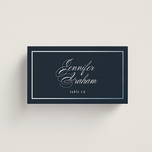 This is a navy wedding place cards with foil pressed by Jessica Williams called bianca printing on signature in placecard
