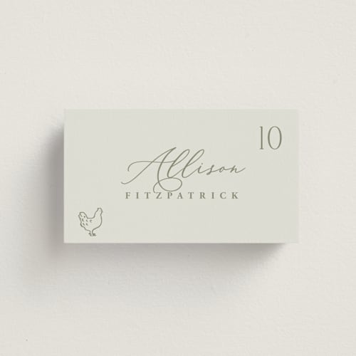This is a moss wedding place cards with standard by Hooray Creative called chic script printing on signature in placecard
