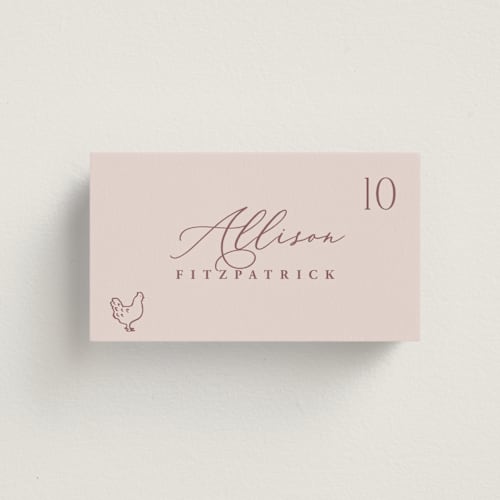 This is a rose wedding place cards with standard by Hooray Creative called chic script printing on signature in placecard