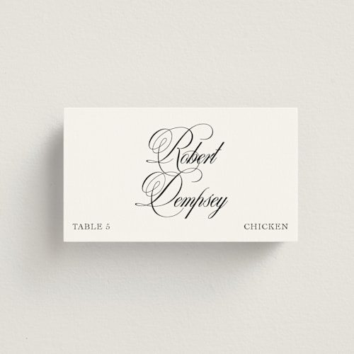 This is a ink wedding place cards with standard by Megan Davis called calligraphy printing on signature in placecard