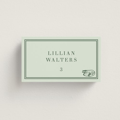 This is a mint wedding place cards with standard by Megan Davis called perry printing on signature in placecard