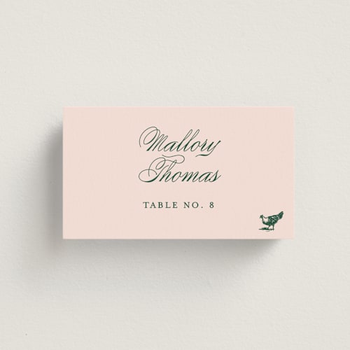 This is a rose wedding place cards with standard by Megan Davis called hepburn printing on signature in placecard