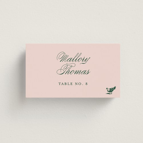 This is a rose wedding place cards with standard by Megan Davis called hepburn printing on signature in placecard