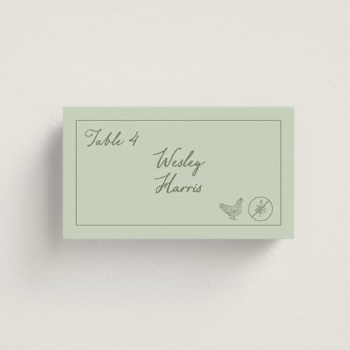 This is a mint wedding place cards with standard by Sherley Ferreira called olive printing on signature in placecard