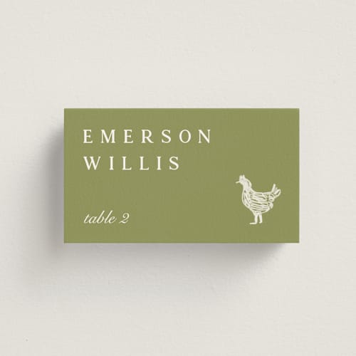 This is a sage wedding place cards with standard by Sierra Lee called farm to table printing on signature in placecard