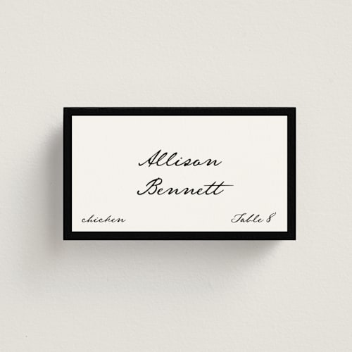 This is a onyx wedding place cards with standard by Kelly Watkins called juniper printing on signature in placecard