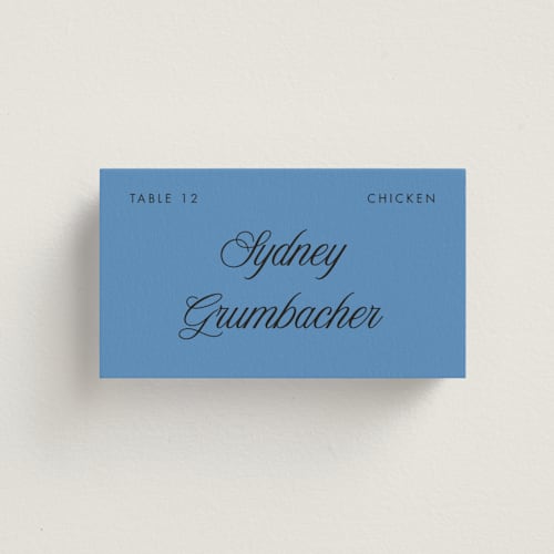 This is a cerulean wedding place cards with standard by Morgan Kendall called santorini printing on signature in placecard