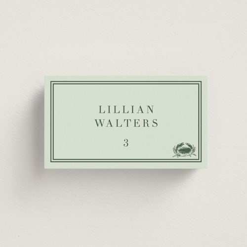 This is a mint wedding place cards with standard by Megan Davis called perry printing on signature in placecard