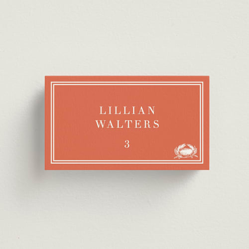 This is a tangerine wedding place cards with standard by Megan Davis called perry printing on signature in placecard