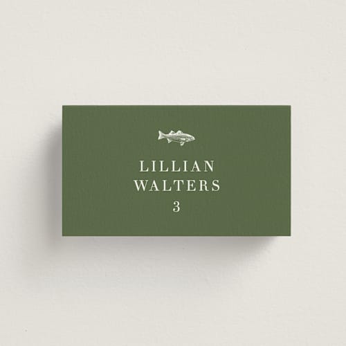 This is a moss wedding place cards with standard by Megan Davis called plated printing on signature in placecard