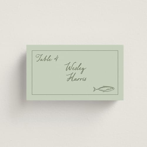 This is a mint wedding place cards with standard by Sherley Ferreira called olive printing on signature in placecard