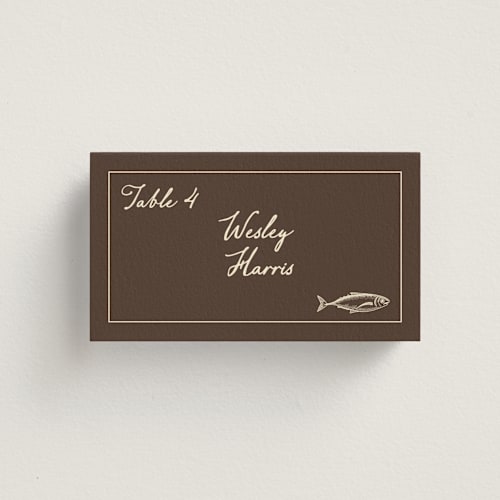 This is a mocha wedding place cards with standard by Sherley Ferreira called olive printing on signature in placecard