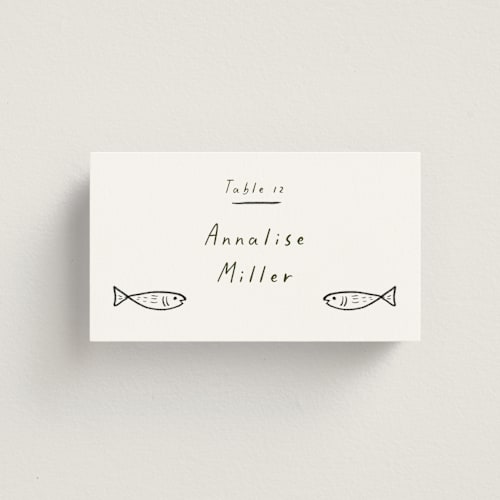 This is a charcoal wedding place cards with standard by Ani Somi called bon vivant printing on signature in placecard