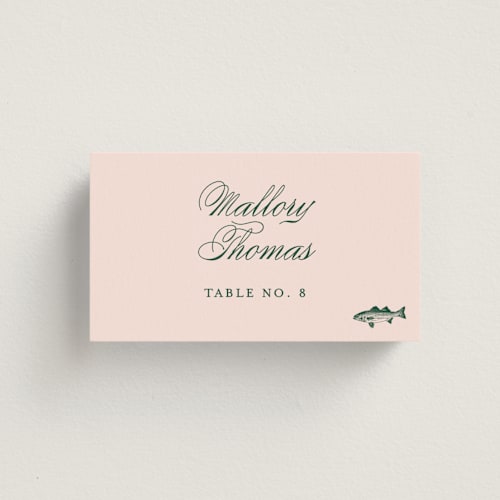 This is a rose wedding place cards with standard by Megan Davis called hepburn printing on signature in placecard