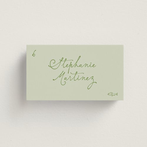 This is a moss wedding place cards with standard by Creo Study called handwritten chic printing on signature in placecard