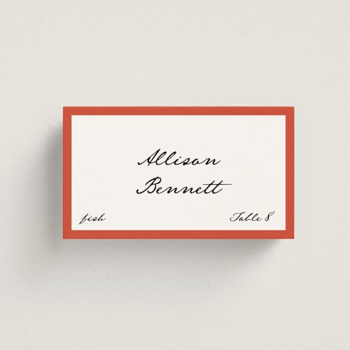 This is a strawberry wedding place cards with standard by Kelly Watkins called juniper printing on signature in placecard