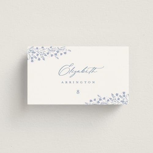 This is a periwinkle wedding place cards with standard by Kristie Kern called villa printing on signature in placecard