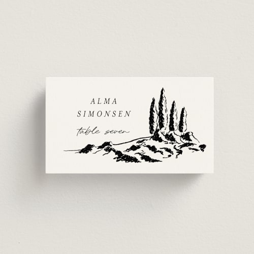 This is a noir wedding place cards with standard by Shiny Penny Studio called countryside villa printing on signature in placecard