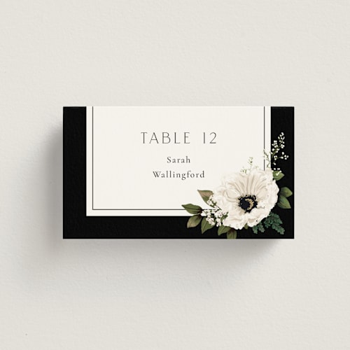 This is a black tie wedding place cards with standard by Susan Moyal called botanical love printing on signature in placecard