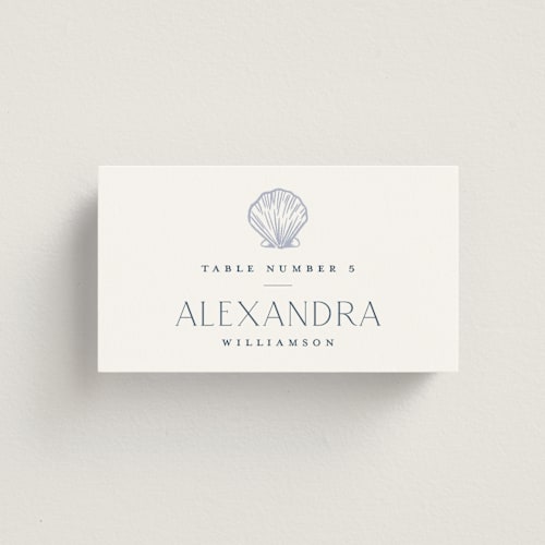 This is a periwinkle wedding place cards with standard by Jenna Holcomb called coastal toile printing on signature in placecard