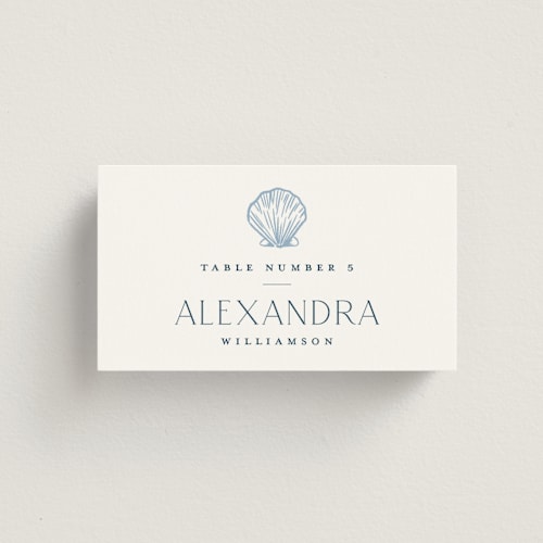This is a sea wedding place cards with standard by Jenna Holcomb called coastal toile printing on signature in placecard