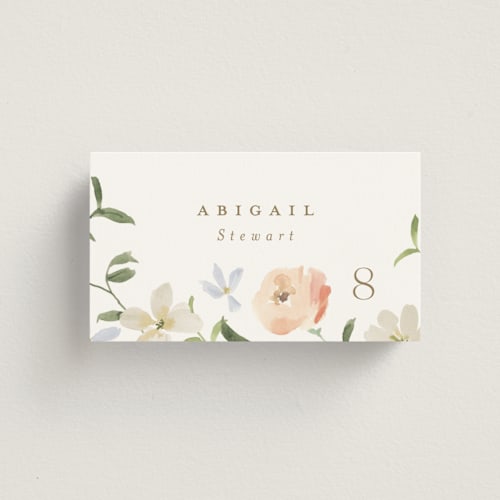 This is a peach wedding place cards with standard by Everett Paper Goods called garden view printing on signature in placecard