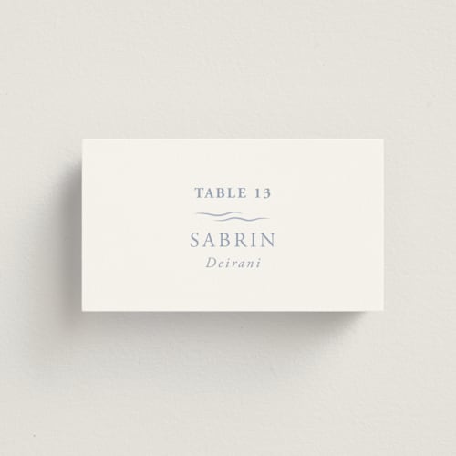 This is a pale cerulean wedding place cards with standard by Sabrin Deirani called ocean dreams printing on signature in placecard