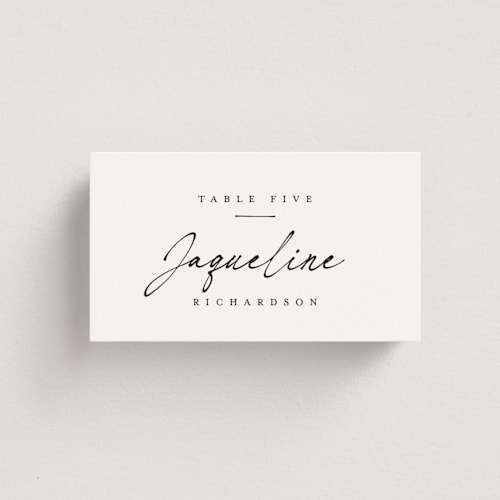 This is a linen wedding place cards with standard by Ana de Sousa called scripted elegance printing on signature in placecard
