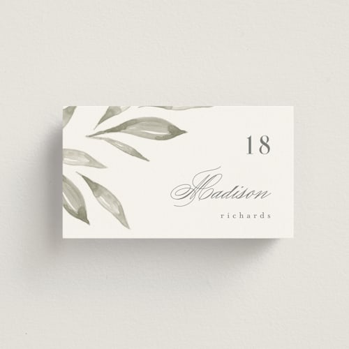 This is a leaf wedding place cards with standard by Kristie Kern called whispered leaves printing on signature in placecard