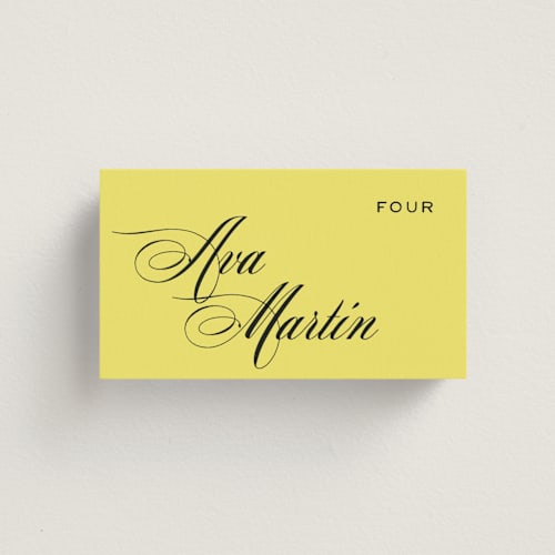 This is a lemon wedding place cards with standard by Ani Somi called in lights printing on signature in placecard