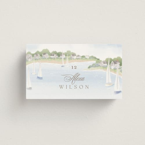 This is a aqua wedding place cards with standard by Jennifer Wick called bristol printing on signature in placecard