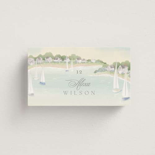This is a sea glass wedding place cards with standard by Jennifer Wick called bristol printing on signature in placecard