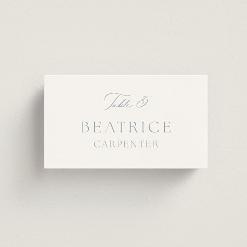 This is a dusty blue wedding place cards with standard by Stacey Meacham called modern air printing on signature in placecard