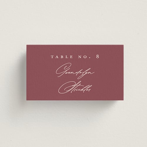 This is a mauve wedding place cards with standard by Erica Krystek called chantilly printing on signature in placecard
